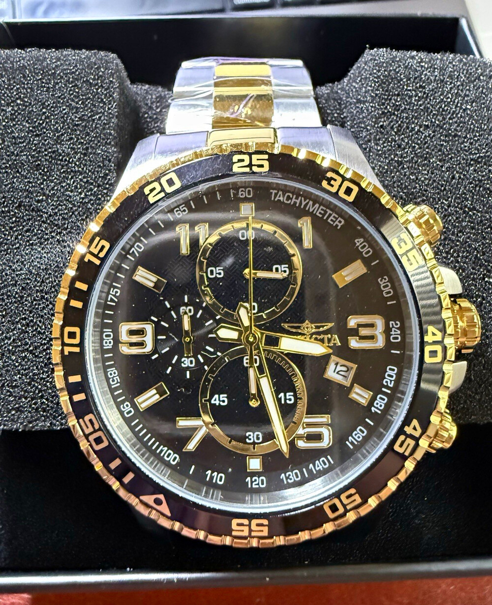 Invicta Men’s Two-Tone Chronograph Watch Black Dial Tachymeter Date Box